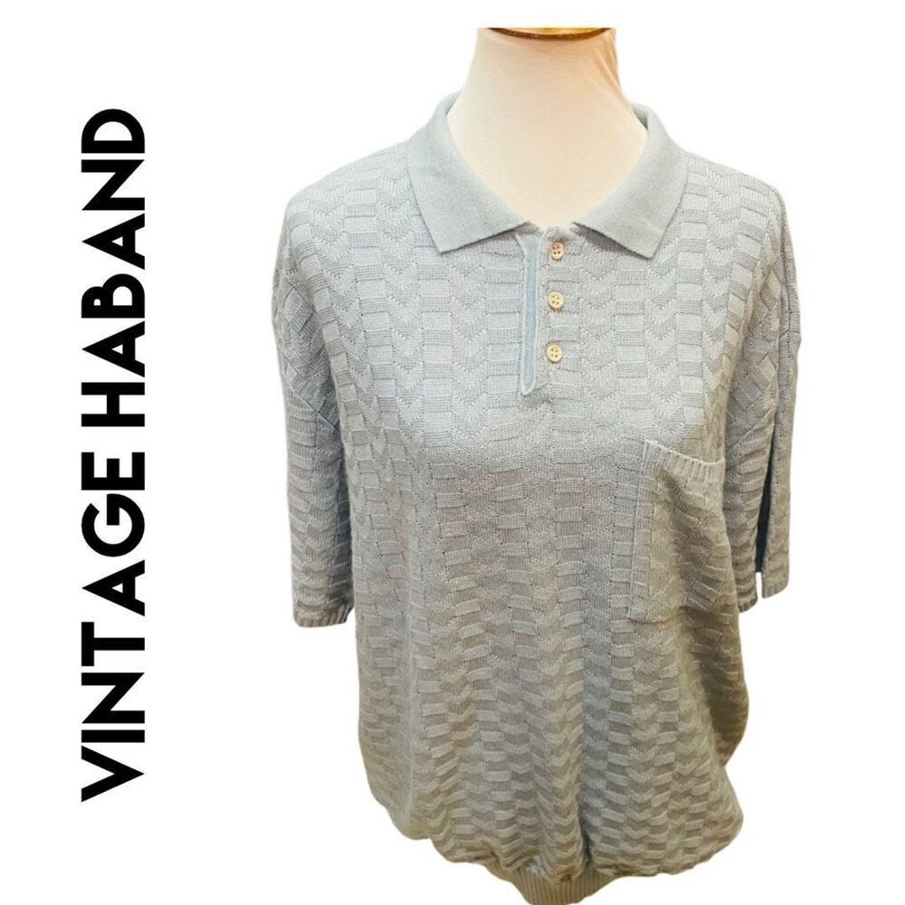 Haband European Seafoam Green/Blue Short Sleeve Mens Knit Vintage Sweater Size X